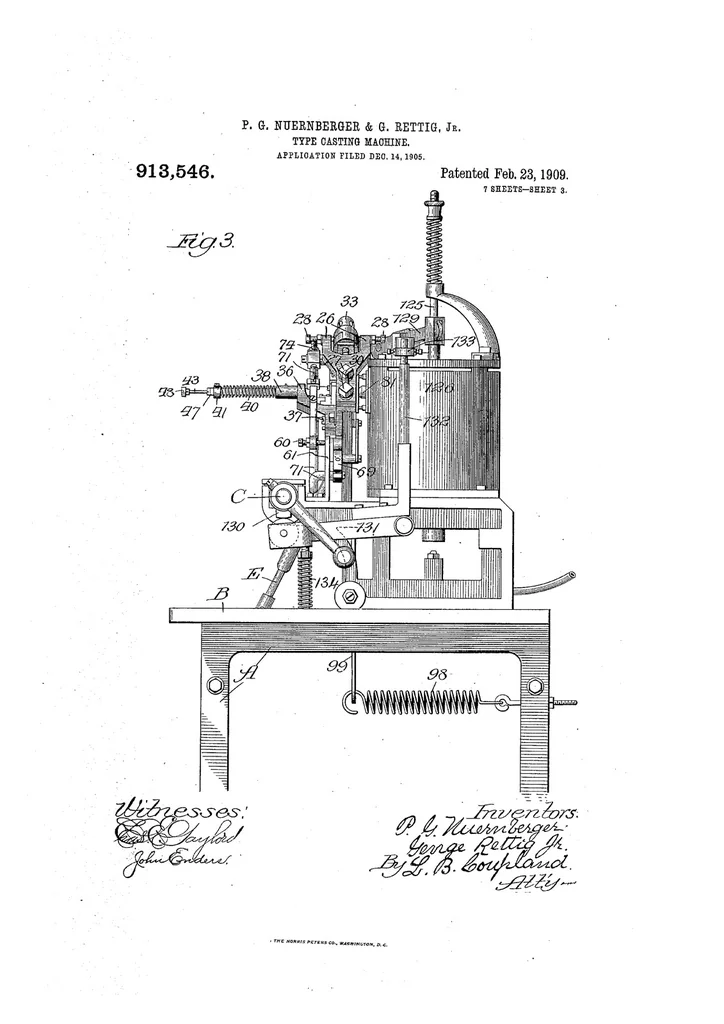 An illustration from US Patent 913,546, Type-Casting Machine, 1909, leaf 2