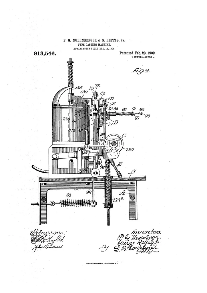 An illustration from US Patent 913,546, Type-Casting Machine, 1909, leaf 3