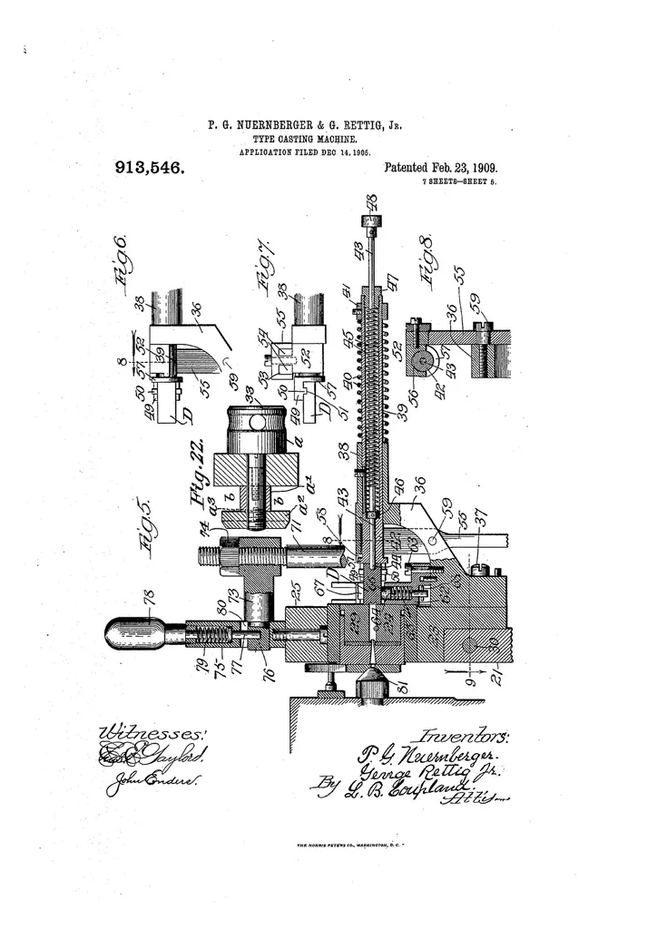 An illustration from US Patent 913,546, Type-Casting Machine, 1909, leaf 4