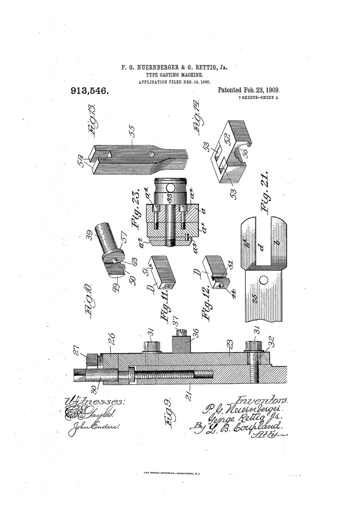 An illustration from US Patent 913,546, Type-Casting Machine, 1909, leaf 5