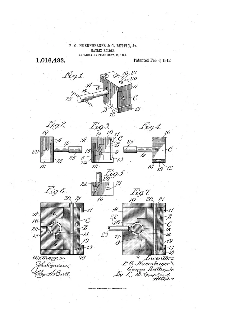 An illustration from US Patent 1,016,433, Matrix-Holder, 1912, leaf 0