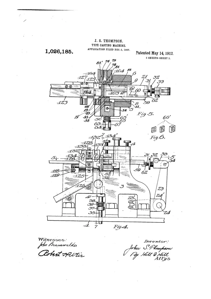 An illustration from US Patent 1,026,185, Type-Casting Machine, 1912, leaf 2
