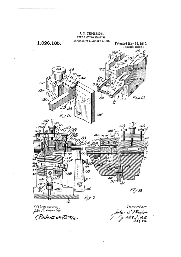 An illustration from US Patent 1,026,185, Type-Casting Machine, 1912, leaf 3
