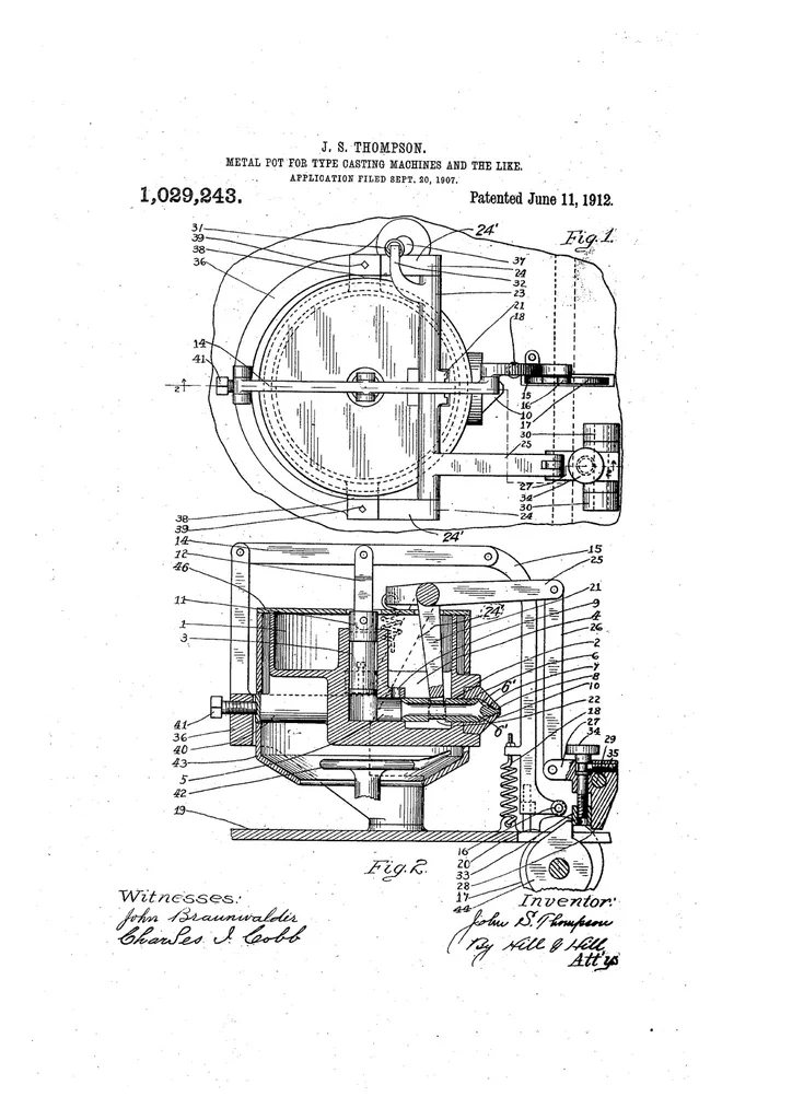 An illustration from US Patent 1,029,243. Metal-Pot for Type-Casting Machines and the Like, 1912, leaf 0