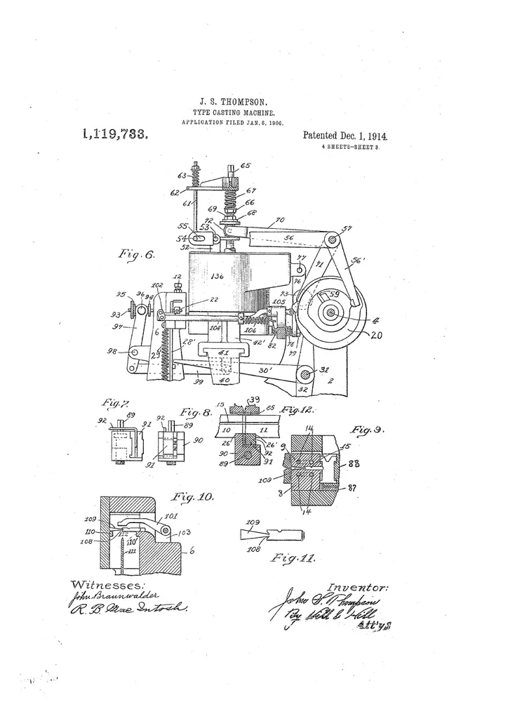 An illustration from US Patent 1,119,733, Type-Casting Machine, 1914, leaf 2