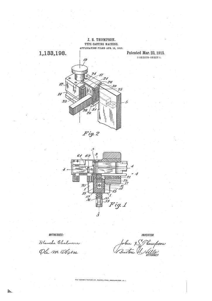 An illustration from US Patent 1,133,198, Type-Casting Machine [Matrix Carrier], 1915, leaf 0