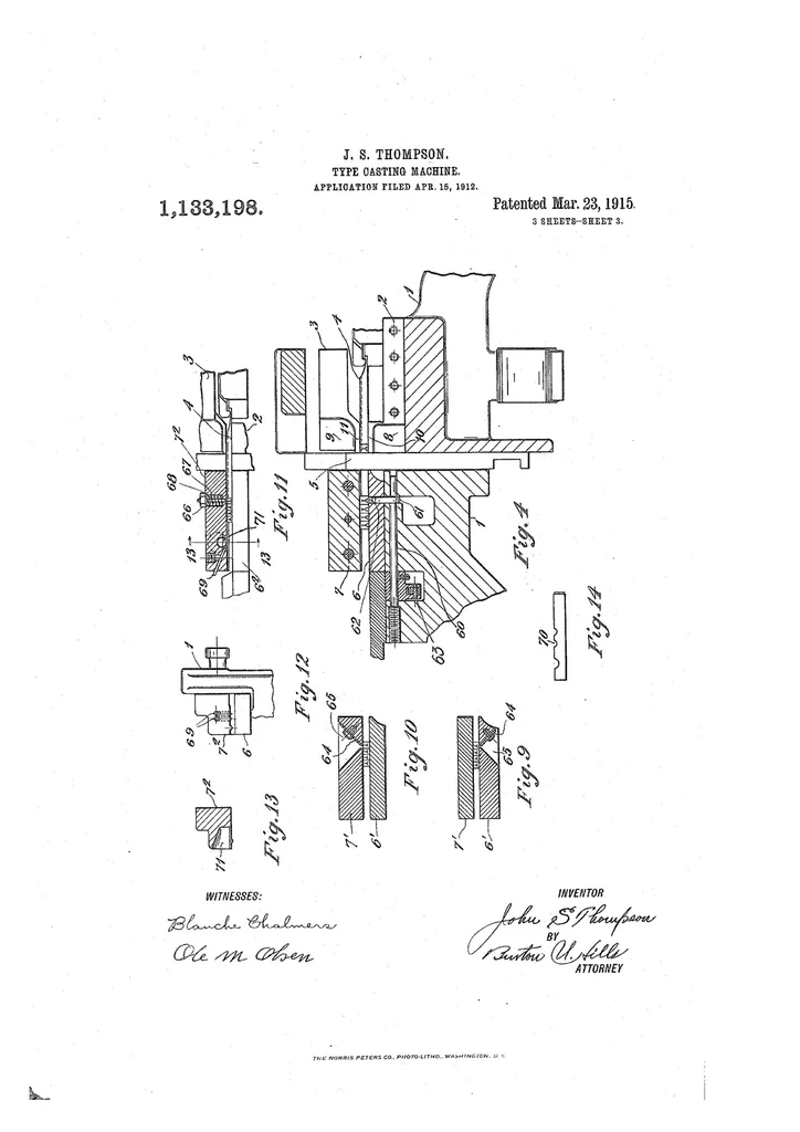 An illustration from US Patent 1,133,198, Type-Casting Machine [Matrix Carrier], 1915, leaf 2