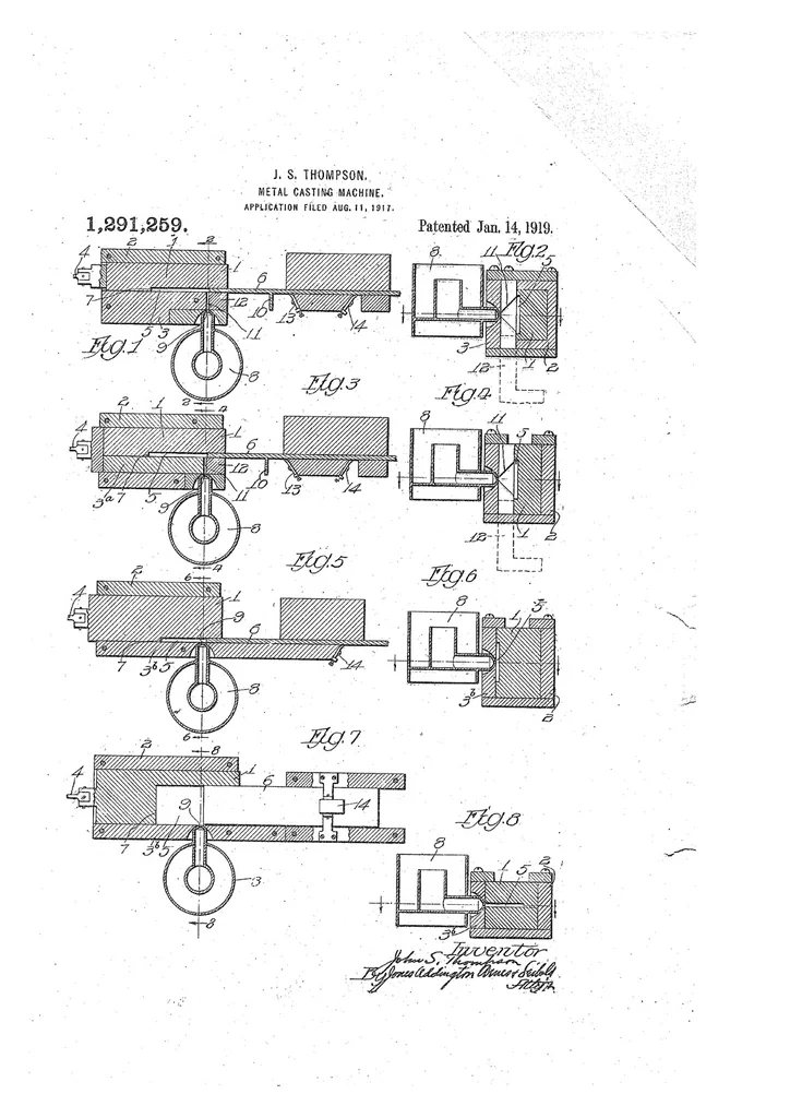An illustration from US Patent 1,291,259, Metal-Casting Machine [Ejector for a Fusion Stripcaster], 1919, leaf 0