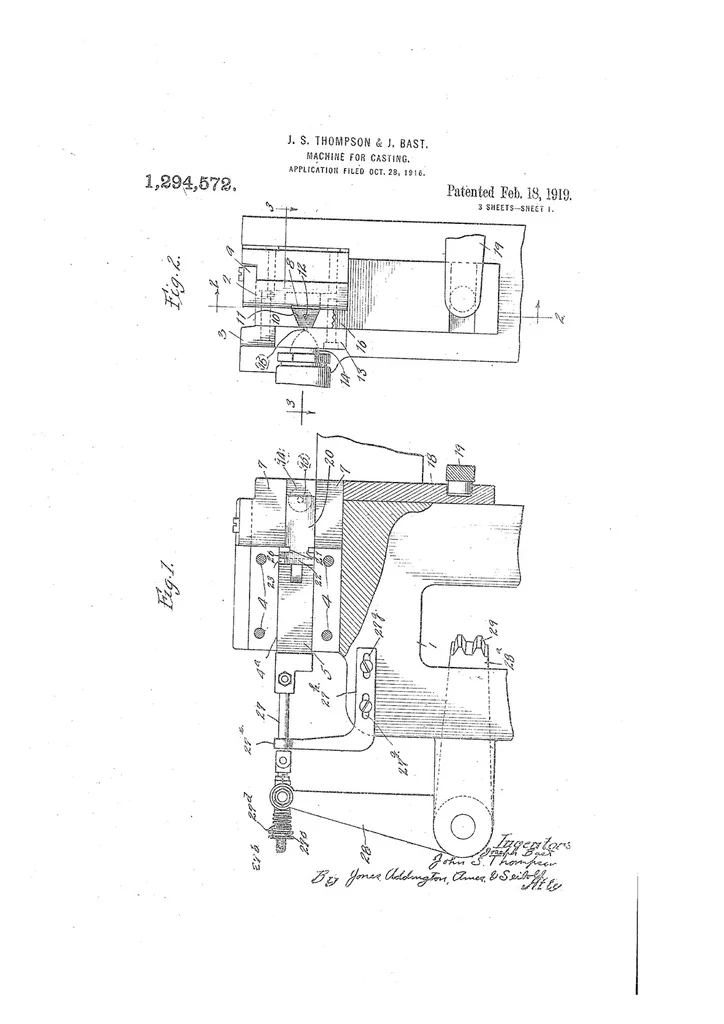 An illustration from US Patent 1,294,572, Machine for Casting [Fusion Stripcasting], 1919, leaf 0