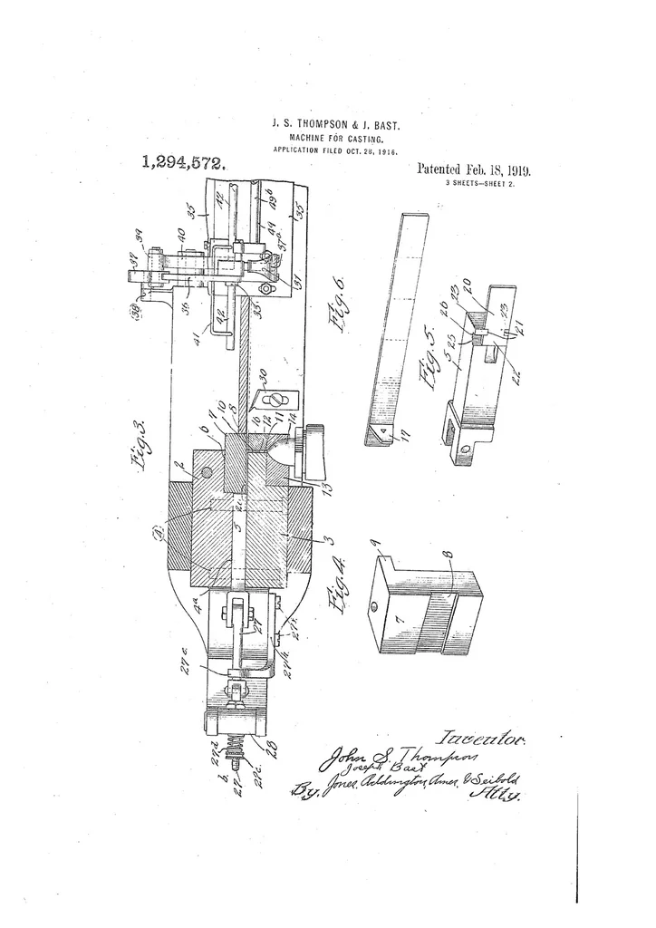 An illustration from US Patent 1,294,572, Machine for Casting [Fusion Stripcasting], 1919, leaf 1