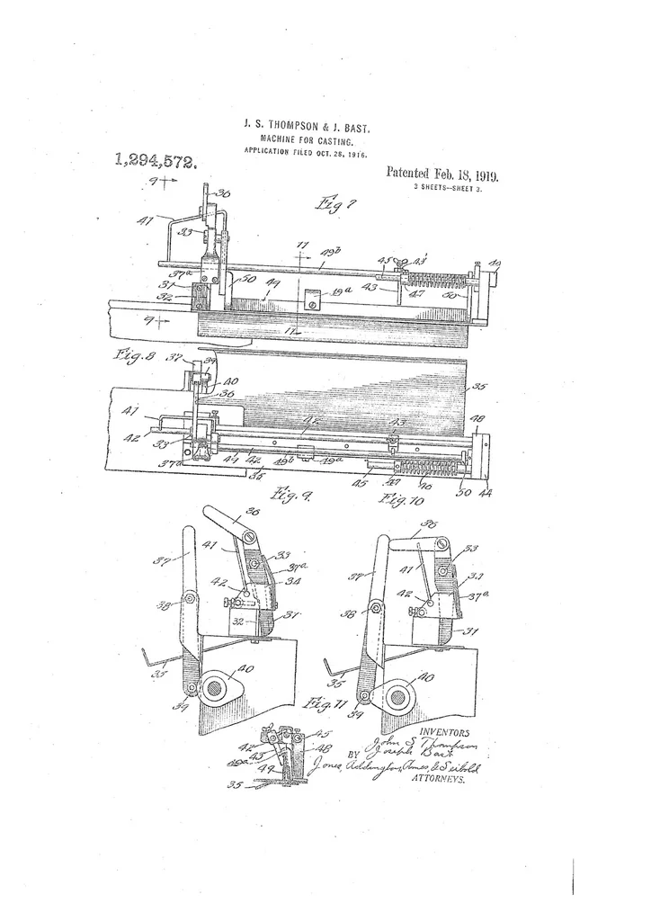 An illustration from US Patent 1,294,572, Machine for Casting [Fusion Stripcasting], 1919, leaf 2