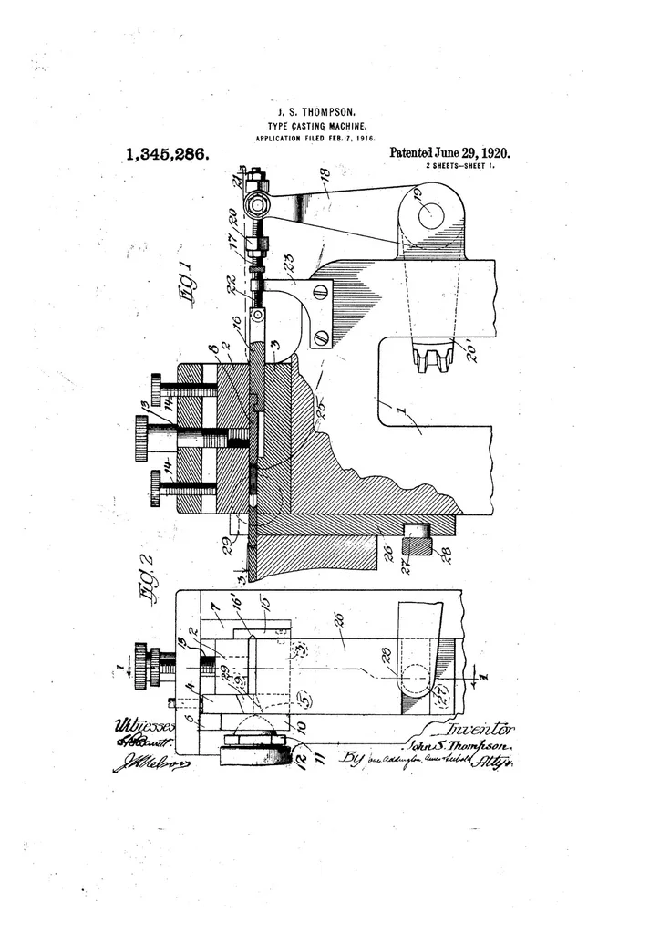 An illustration from US Patent 1,345,286, Type-Casting Machine [Fusion Stripcasting Attachment], 1920, leaf 0