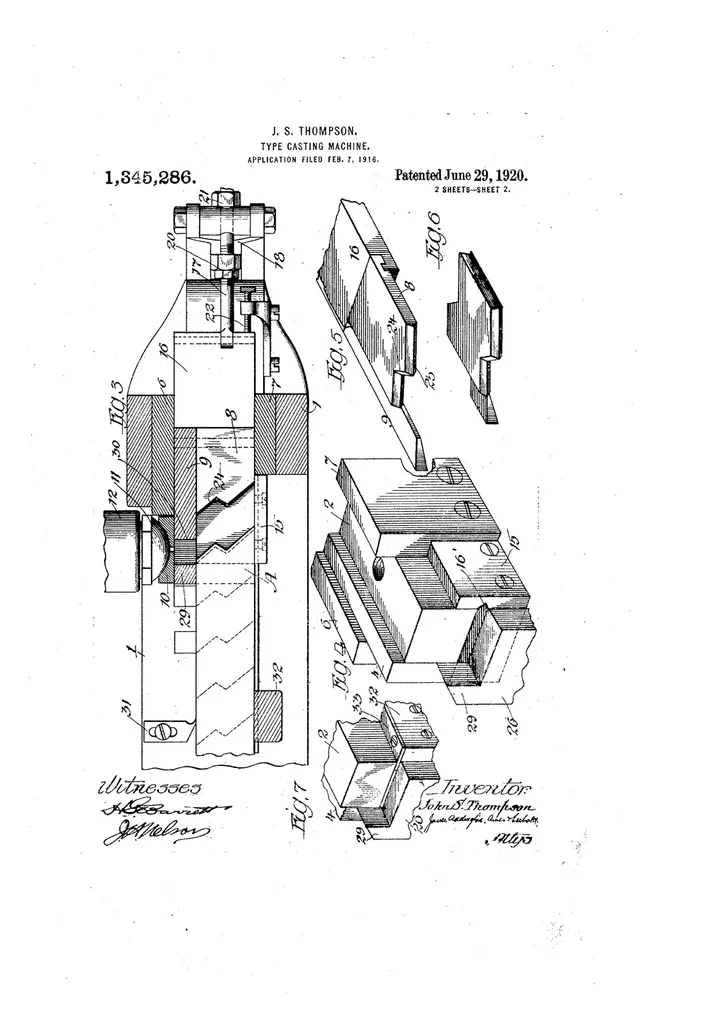 An illustration from US Patent 1,345,286, Type-Casting Machine [Fusion Stripcasting Attachment], 1920, leaf 1