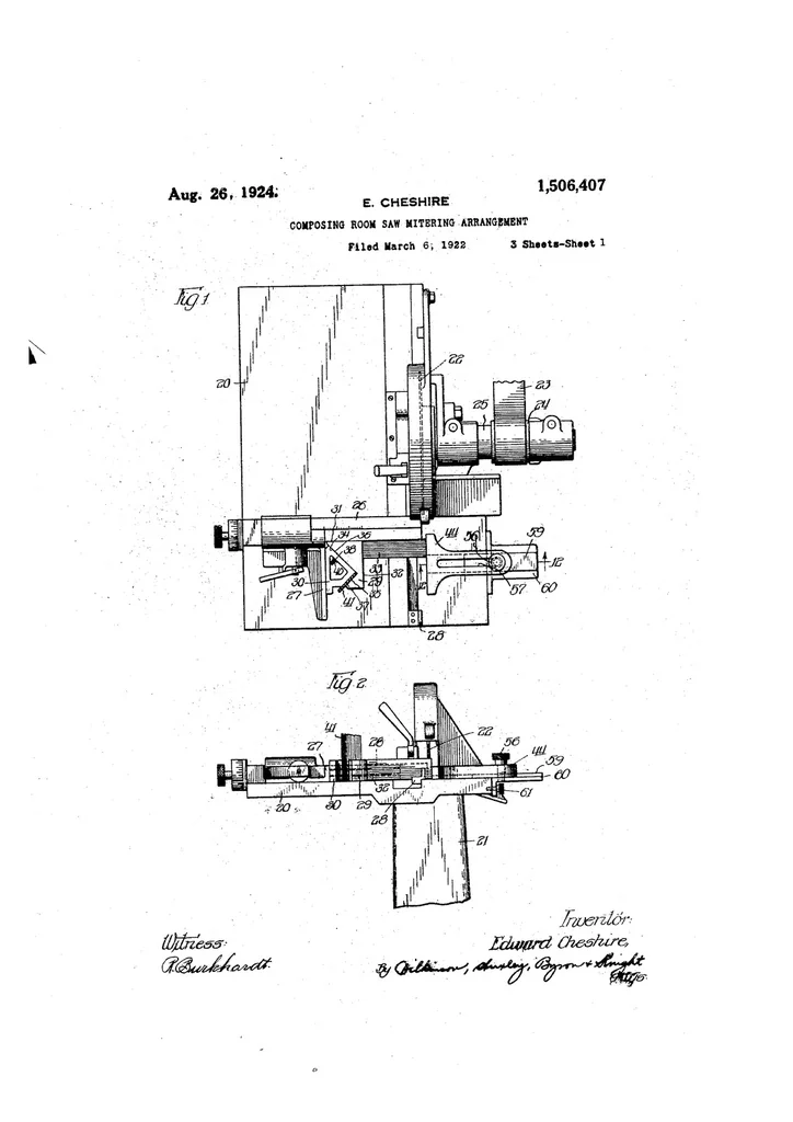 An illustration from US Patent 1,506,407. Composing-Room-Saw Mitering Arrangement, 1924, leaf 0