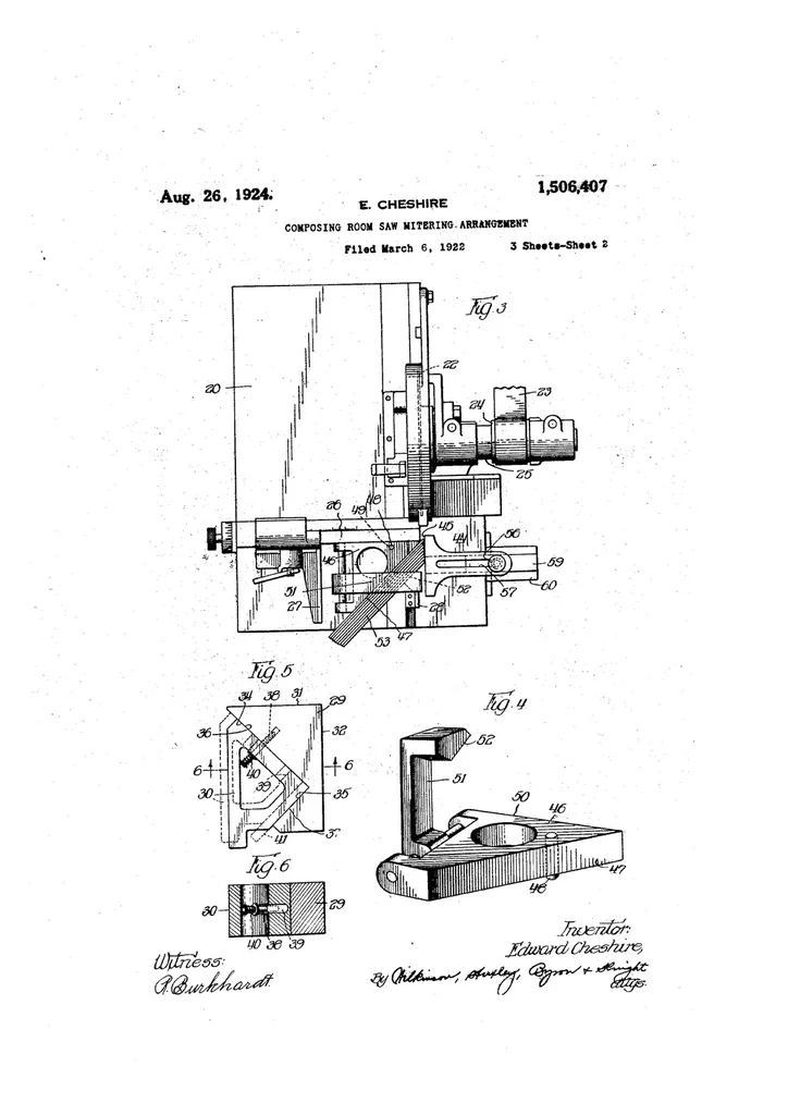 An illustration from US Patent 1,506,407. Composing-Room-Saw Mitering Arrangement, 1924, leaf 1