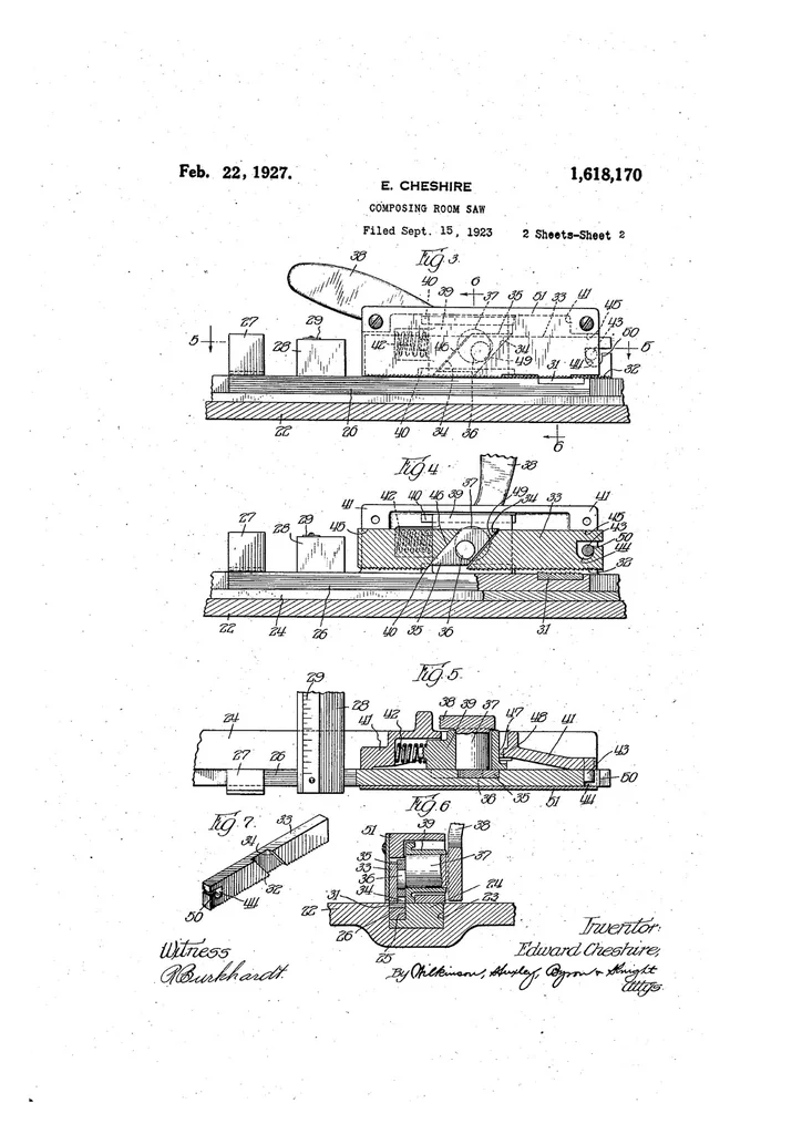 An illustration from US Patent 1, 618, 170. Composing-Room Saw [workholding clamp], 1927, leaf 1