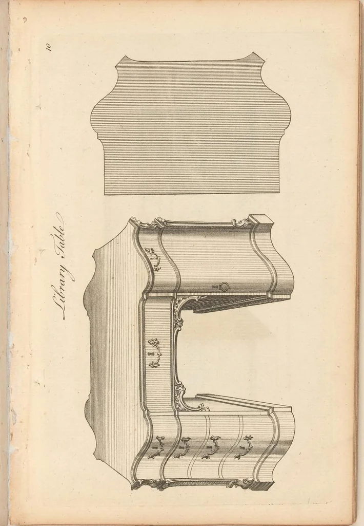 An illustration from Upwards of one hundred new and elegant designs, being all the most approved patterns of houshold furniture in genteel taste : consisting of china, breakfast, side-board, dressing, toilet, card, writing, claw, library, slab and night tables; cabinets, china shelves and cases, chests, bureaus, desk and book cases. Engraved on forty-two copper plates. Part the Second / by A Society of Upholsterers, Cabinet-makers. &c &c, 1764, leaf 12