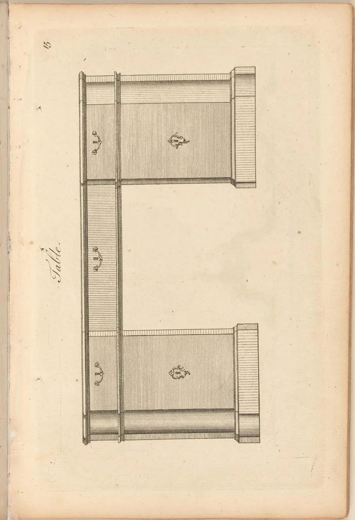 An illustration from Upwards of one hundred new and elegant designs, being all the most approved patterns of houshold furniture in genteel taste : consisting of china, breakfast, side-board, dressing, toilet, card, writing, claw, library, slab and night tables; cabinets, china shelves and cases, chests, bureaus, desk and book cases. Engraved on forty-two copper plates. Part the Second / by A Society of Upholsterers, Cabinet-makers. &c &c, 1764, leaf 22