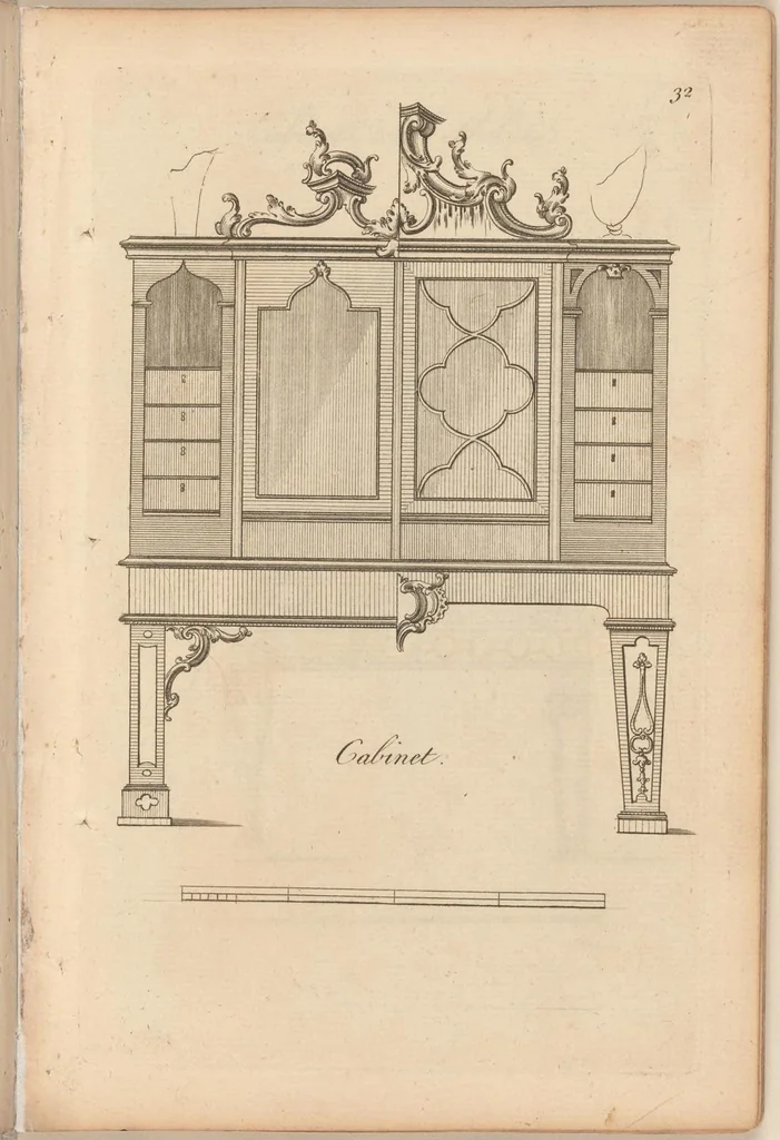 An illustration from Upwards of one hundred new and elegant designs, being all the most approved patterns of houshold furniture in genteel taste : consisting of china, breakfast, side-board, dressing, toilet, card, writing, claw, library, slab and night tables; cabinets, china shelves and cases, chests, bureaus, desk and book cases. Engraved on forty-two copper plates. Part the Second / by A Society of Upholsterers, Cabinet-makers. &c &c, 1764, leaf 31