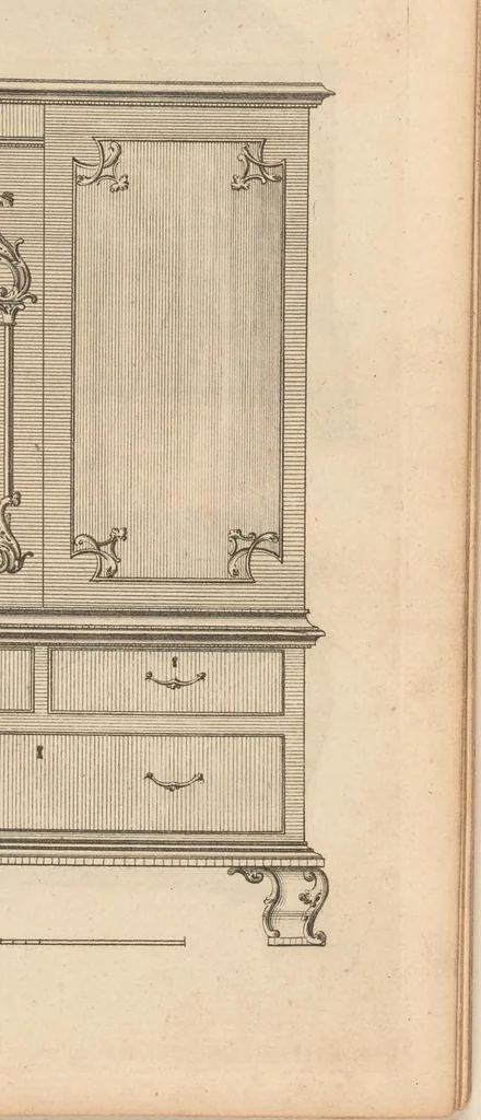 An illustration from Upwards of one hundred new and elegant designs, being all the most approved patterns of houshold furniture in genteel taste : consisting of china, breakfast, side-board, dressing, toilet, card, writing, claw, library, slab and night tables; cabinets, china shelves and cases, chests, bureaus, desk and book cases. Engraved on forty-two copper plates. Part the Second / by A Society of Upholsterers, Cabinet-makers. &c &c, 1764, leaf 35