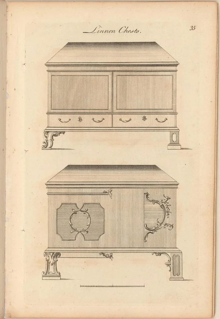 An illustration from Upwards of one hundred new and elegant designs, being all the most approved patterns of houshold furniture in genteel taste : consisting of china, breakfast, side-board, dressing, toilet, card, writing, claw, library, slab and night tables; cabinets, china shelves and cases, chests, bureaus, desk and book cases. Engraved on forty-two copper plates. Part the Second / by A Society of Upholsterers, Cabinet-makers. &c &c, 1764, leaf 39