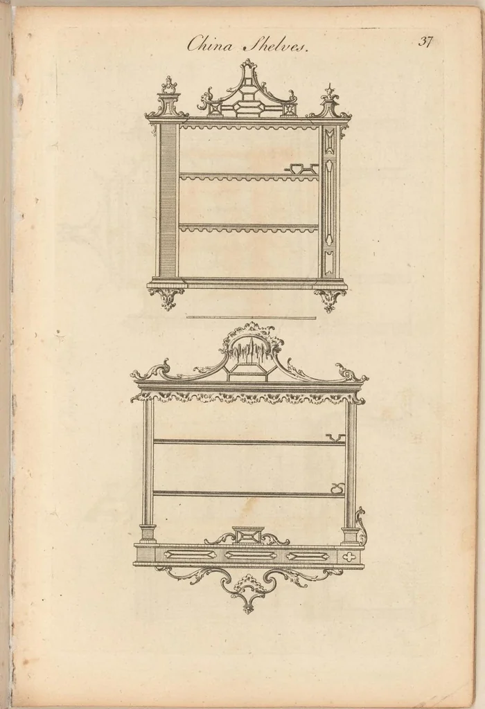 An illustration from Upwards of one hundred new and elegant designs, being all the most approved patterns of houshold furniture in genteel taste : consisting of china, breakfast, side-board, dressing, toilet, card, writing, claw, library, slab and night tables; cabinets, china shelves and cases, chests, bureaus, desk and book cases. Engraved on forty-two copper plates. Part the Second / by A Society of Upholsterers, Cabinet-makers. &c &c, 1764, leaf 43