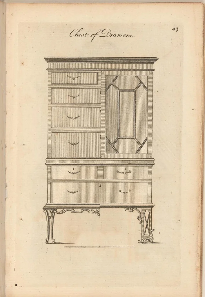 An illustration from Upwards of one hundred new and elegant designs, being all the most approved patterns of houshold furniture in genteel taste : consisting of china, breakfast, side-board, dressing, toilet, card, writing, claw, library, slab and night tables; cabinets, china shelves and cases, chests, bureaus, desk and book cases. Engraved on forty-two copper plates. Part the Second / by A Society of Upholsterers, Cabinet-makers. &c &c, 1764, leaf 47