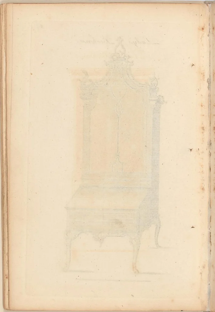 An illustration from Upwards of one hundred new and elegant designs, being all the most approved patterns of houshold furniture in genteel taste : consisting of china, breakfast, side-board, dressing, toilet, card, writing, claw, library, slab and night tables; cabinets, china shelves and cases, chests, bureaus, desk and book cases. Engraved on forty-two copper plates. Part the Second / by A Society of Upholsterers, Cabinet-makers. &c &c, 1764, leaf 56