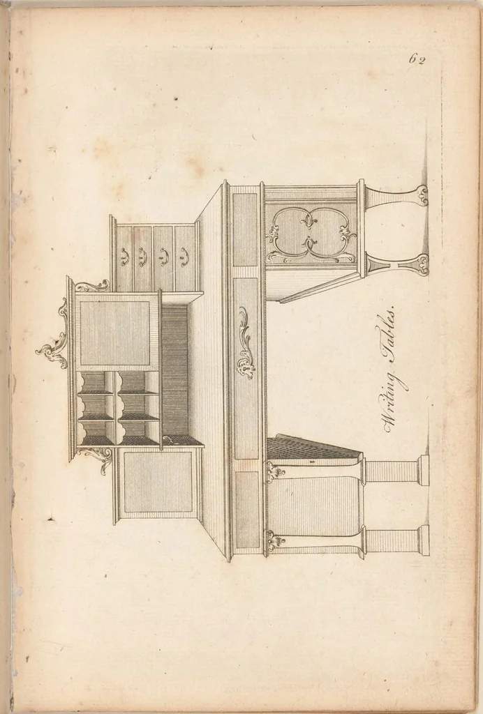 An illustration from Upwards of one hundred new and elegant designs, being all the most approved patterns of houshold furniture in genteel taste : consisting of china, breakfast, side-board, dressing, toilet, card, writing, claw, library, slab and night tables; cabinets, china shelves and cases, chests, bureaus, desk and book cases. Engraved on forty-two copper plates. Part the Second / by A Society of Upholsterers, Cabinet-makers. &c &c, 1764, leaf 69
