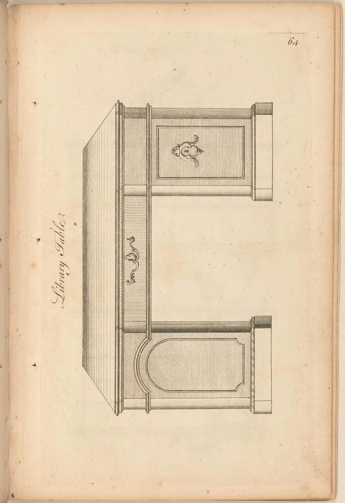 An illustration from Upwards of one hundred new and elegant designs, being all the most approved patterns of houshold furniture in genteel taste : consisting of china, breakfast, side-board, dressing, toilet, card, writing, claw, library, slab and night tables; cabinets, china shelves and cases, chests, bureaus, desk and book cases. Engraved on forty-two copper plates. Part the Second / by A Society of Upholsterers, Cabinet-makers. &c &c, 1764, leaf 73