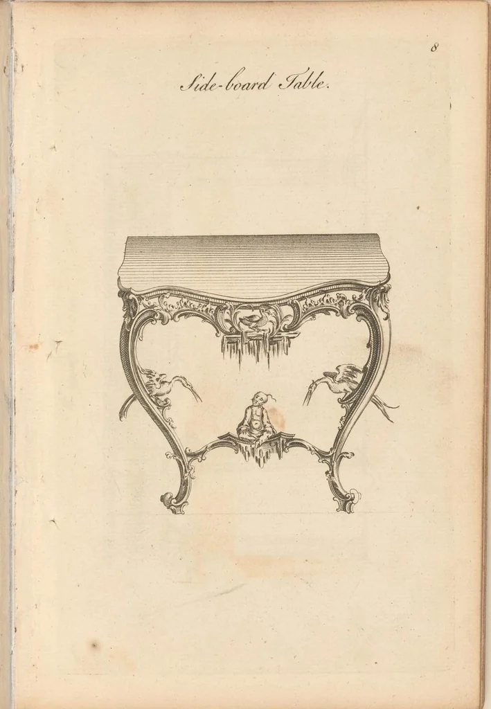An illustration from Upwards of one hundred new and elegant designs, being all the most approved patterns of houshold furniture in genteel taste : consisting of china, breakfast, side-board, dressing, toilet, card, writing, claw, library, slab and night tables; cabinets, china shelves and cases, chests, bureaus, desk and book cases. Engraved on forty-two copper plates. Part the Second / by A Society of Upholsterers, Cabinet-makers. &c &c, 1764, leaf 8