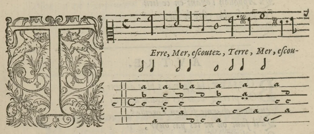 An illustration from Airs de cour avec la tablature de luth de Anthoine de Boesset, surintendant de la musique de la Chambre du Roy, & de la Reyne. Seiziesme livre., 1643, leaf 13