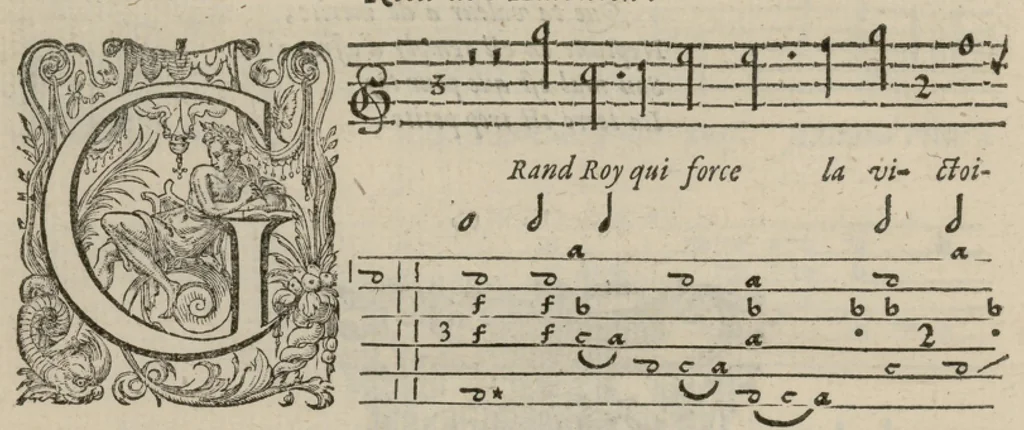 An illustration from Airs de cour avec la tablature de luth de Anthoine de Boesset, surintendant de la musique de la Chambre du Roy, & de la Reyne. Seiziesme livre., 1643, leaf 19