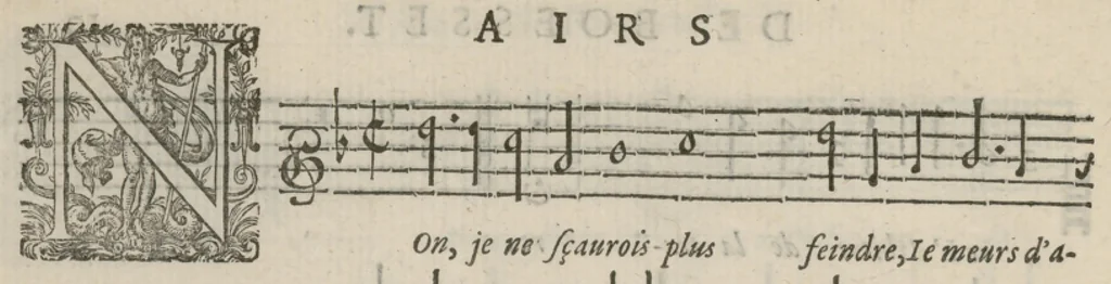 An illustration from Airs de cour avec la tablature de luth de Anthoine de Boesset, surintendant de la musique de la Chambre du Roy, & de la Reyne. Seiziesme livre., 1643, leaf 25