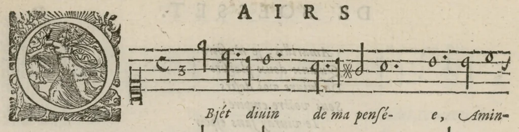 An illustration from Airs de cour avec la tablature de luth de Anthoine de Boesset, surintendant de la musique de la Chambre du Roy, & de la Reyne. Seiziesme livre., 1643, leaf 27