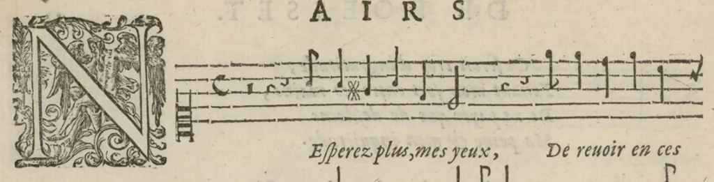 An illustration from Airs de cour avec la tablature de luth de Anthoine de Boesset, surintendant de la musique de la Chambre du Roy, & de la Reyne. Seiziesme livre., 1643, leaf 29