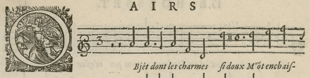 An illustration from Airs de cour avec la tablature de luth de Anthoine de Boesset, surintendant de la musique de la Chambre du Roy, & de la Reyne. Seiziesme livre., 1643, leaf 33