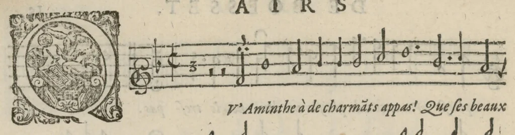 An illustration from Airs de cour avec la tablature de luth de Anthoine de Boesset, surintendant de la musique de la Chambre du Roy, & de la Reyne. Seiziesme livre., 1643, leaf 35