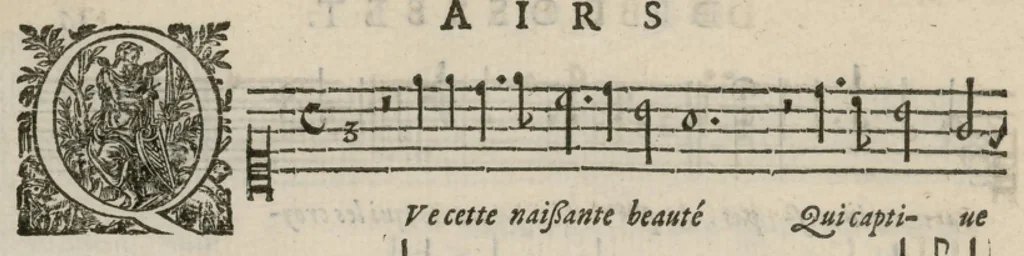 An illustration from Airs de cour avec la tablature de luth de Anthoine de Boesset, surintendant de la musique de la Chambre du Roy, & de la Reyne. Seiziesme livre., 1643, leaf 37