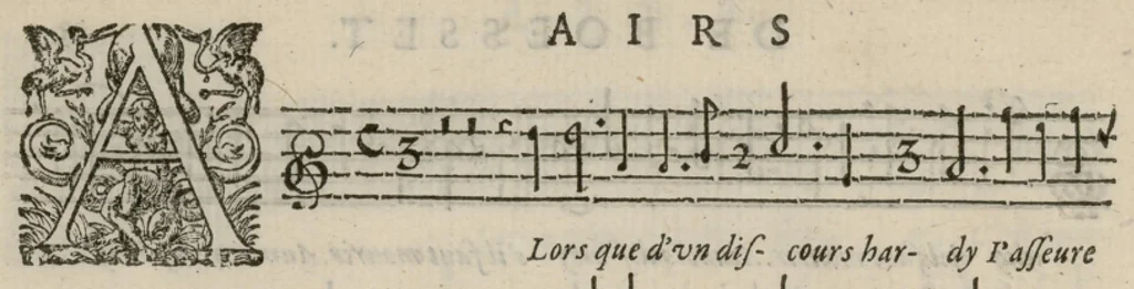 An illustration from Airs de cour avec la tablature de luth de Anthoine de Boesset, surintendant de la musique de la Chambre du Roy, & de la Reyne. Seiziesme livre., 1643, leaf 41
