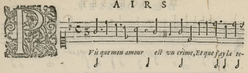 An illustration from Airs de cour avec la tablature de luth de Anthoine de Boesset, surintendant de la musique de la Chambre du Roy, & de la Reyne. Seiziesme livre., 1643, leaf 51