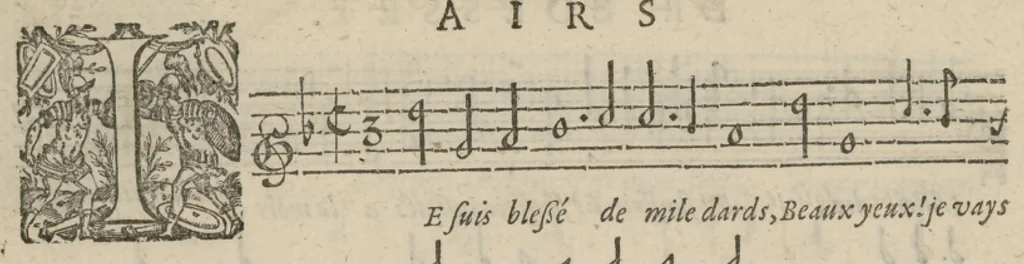 An illustration from Airs de cour avec la tablature de luth de Anthoine de Boesset, surintendant de la musique de la Chambre du Roy, & de la Reyne. Seiziesme livre., 1643, leaf 55