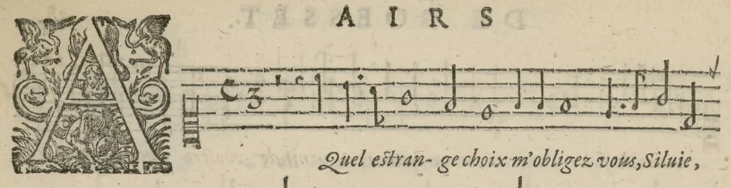 An illustration from Airs de cour avec la tablature de luth de Anthoine de Boesset, surintendant de la musique de la Chambre du Roy, & de la Reyne. Seiziesme livre., 1643, leaf 59