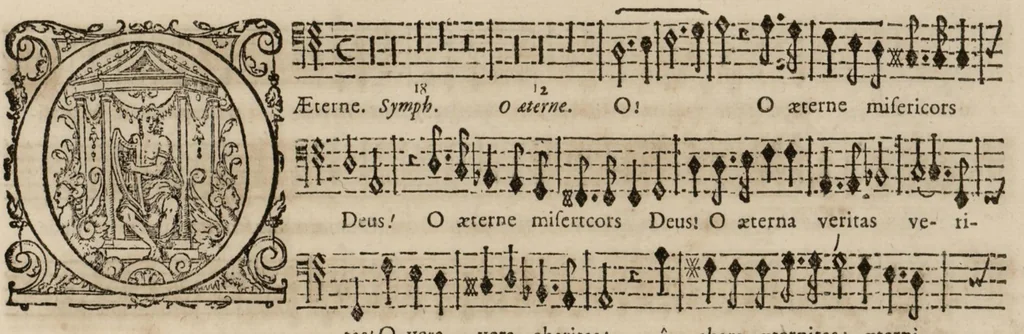An illustration from Motets pour la chapelle du Roy, mis en musique, par Monsieur Du Mont abbé de Silly, & maistre de la musique, de ladite chapelle. Basse du grand choeur., 1686, leaf 44