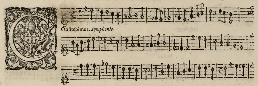 An illustration from Motets pour la chapelle du Roy, mis en musique, par Monsieur Du Mont abbé de Silly, & maistre de la musique, de ladite chapelle. Premier dessus de violon., 1686, leaf 26