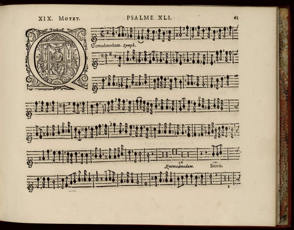 An illustration from Motets pour la chapelle du Roy, mis en musique, par Monsieur Du Mont abbé de Silly, & maistre de la musique, de ladite chapelle. Premier dessus de violon., 1686, leaf 72