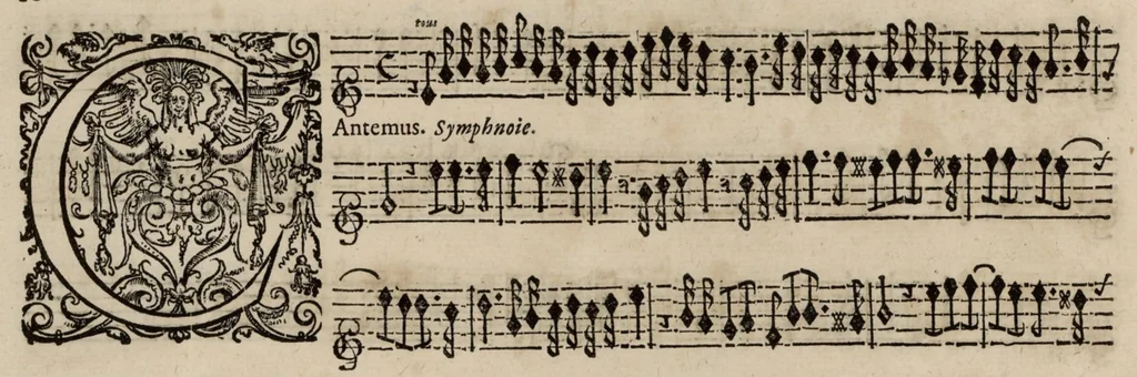An illustration from Motets pour la chapelle du Roy, mis en musique, par Monsieur Du Mont abbé de Silly, & maistre de la musique, de ladite chapelle. Second dessus de violon., 1686, leaf 21