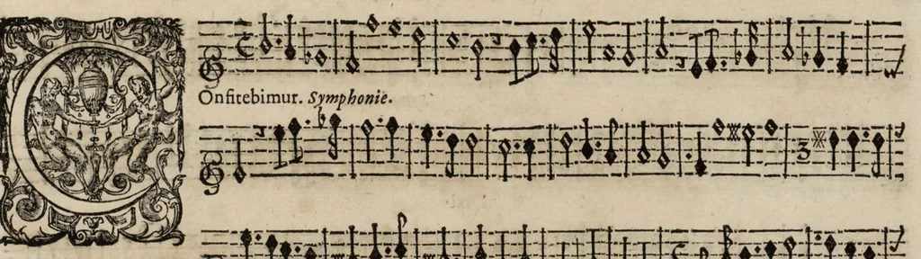 An illustration from Motets pour la chapelle du Roy, mis en musique, par Monsieur Du Mont abbé de Silly, & maistre de la musique, de ladite chapelle. Second dessus de violon., 1686, leaf 26