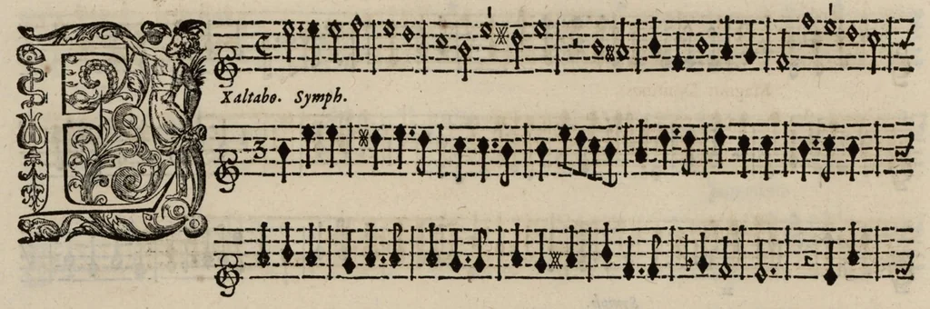 An illustration from Motets pour la chapelle du Roy, mis en musique, par Monsieur Du Mont abbé de Silly, & maistre de la musique, de ladite chapelle. Second dessus de violon., 1686, leaf 45