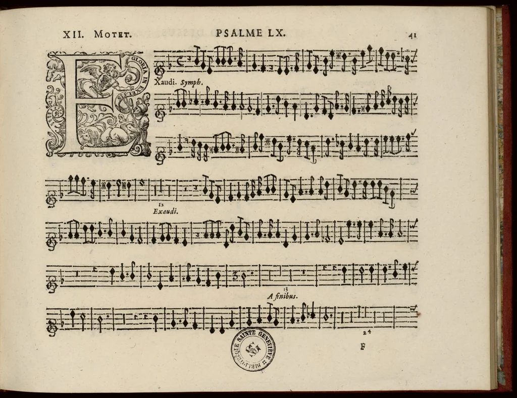An illustration from Motets pour la chapelle du Roy, mis en musique, par Monsieur Du Mont abbé de Silly, & maistre de la musique, de ladite chapelle. Second dessus de violon., 1686, leaf 52
